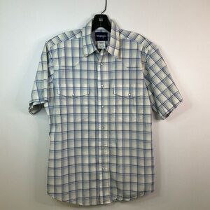 WRANGLER Blue Yellow Plaid Yoke Pearl Snap Front Short Sleeve Shirt, sz MD